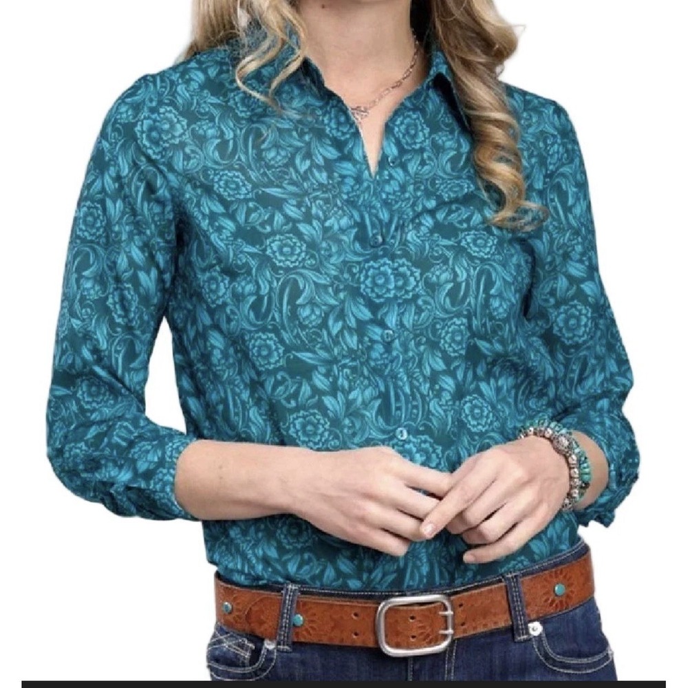 Croft&Barrow LADIES TEAL FLORAL LONG SLEEVE S Western Made In USA Quality VTG